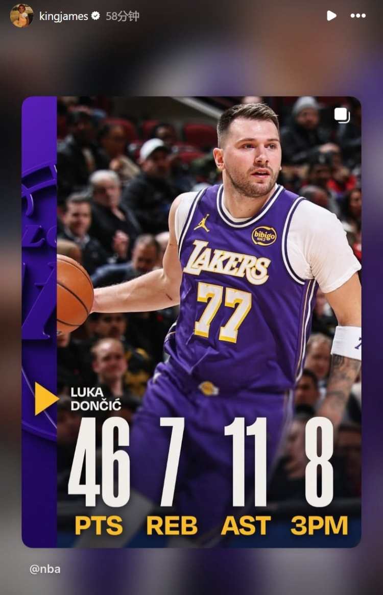 开云网站-46分7板11助8三分！詹姆斯转发东契奇的数据海报