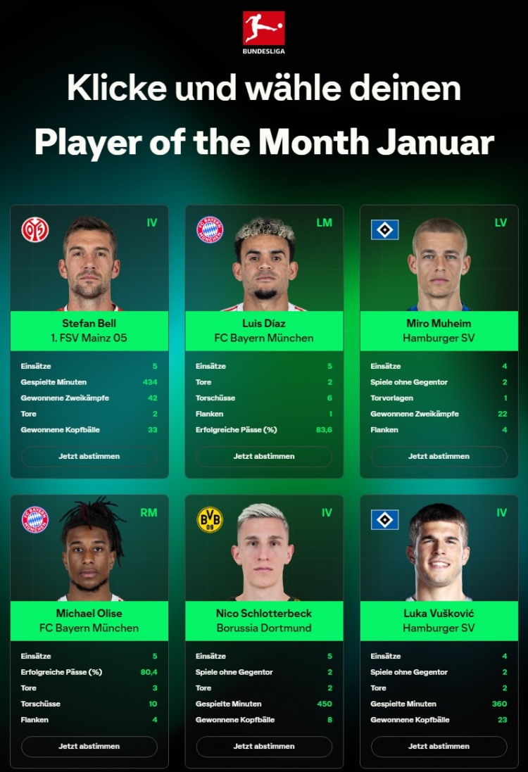 开云网站-德甲1月最佳候选：奥利塞、迪亚斯、施洛特贝克、武什科维奇领衔